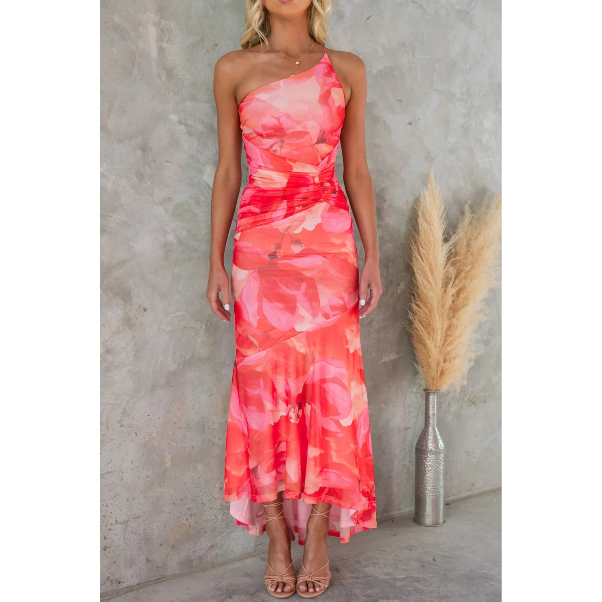Flowers Print One-Shoulder Dress Summer Casual Suspender Long Dresses