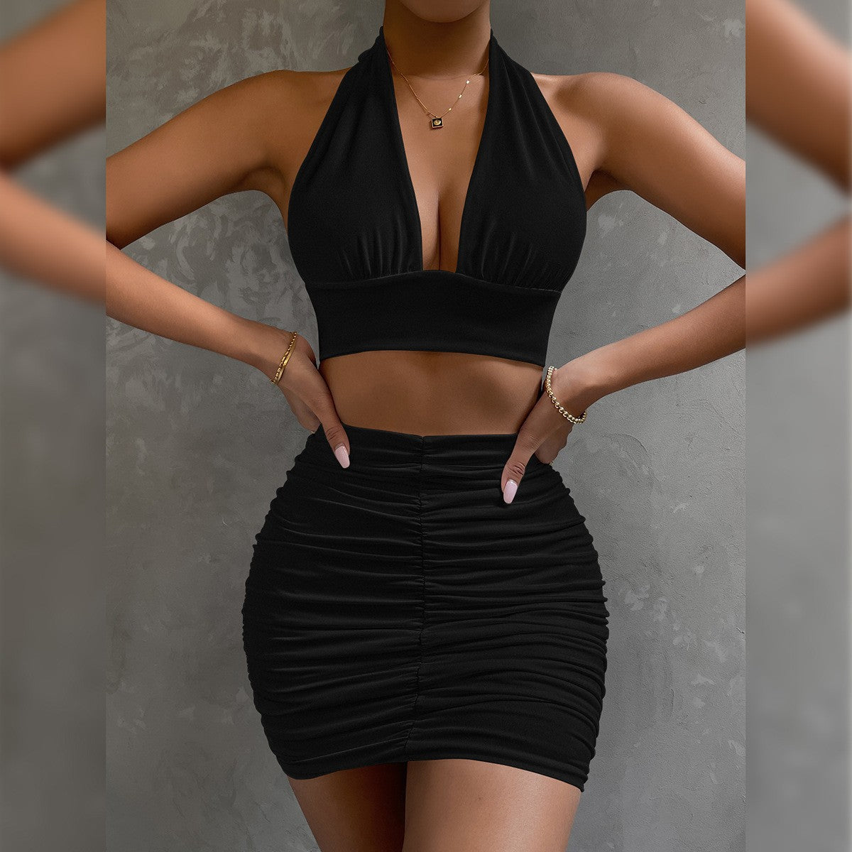 2pcs Dress Suits for Women Halter Lace-Up Hip Top and Pleated