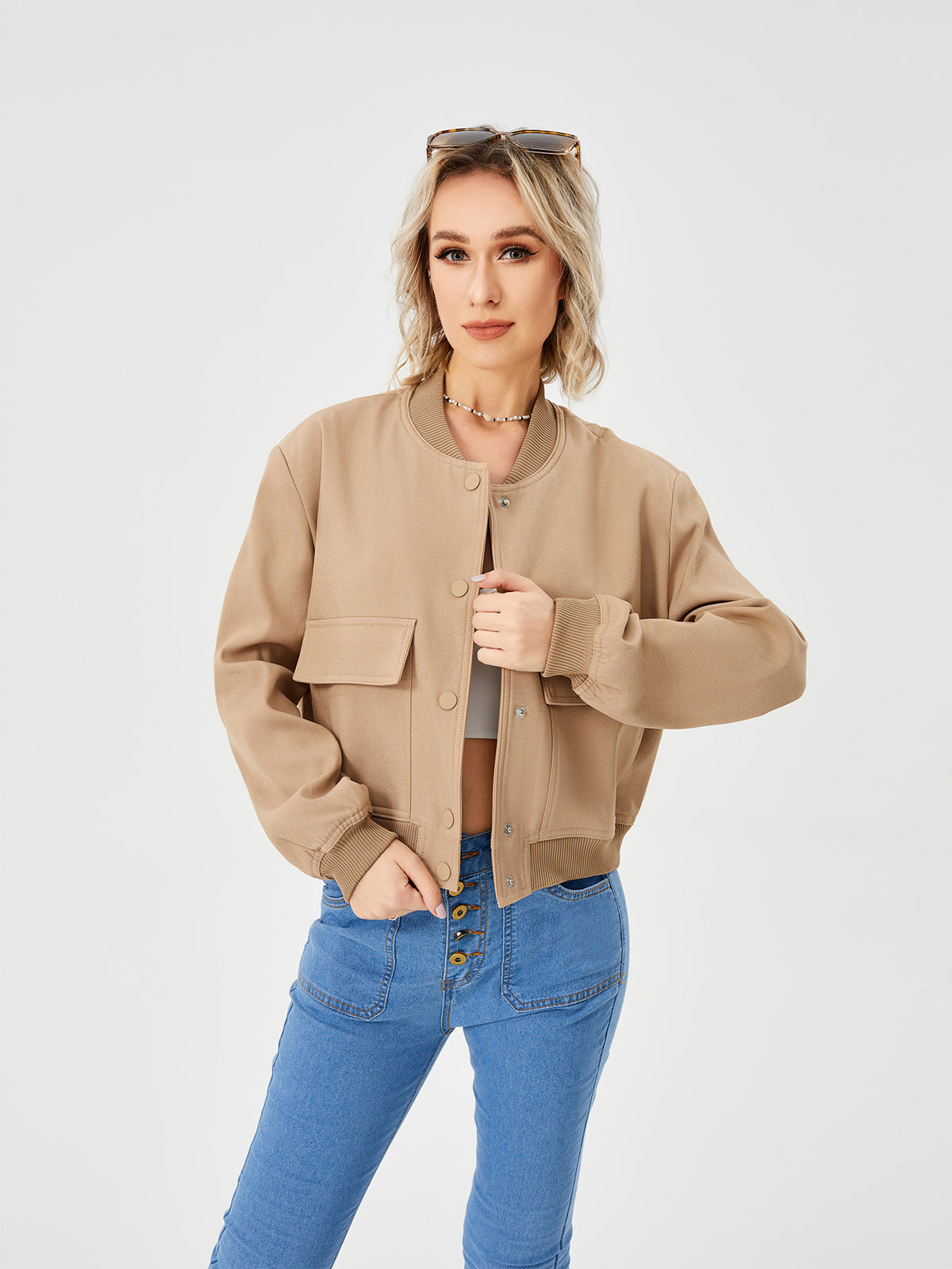 Women's Lightweight Cropped Bomber Jacket Casual Long Sleeve Varsity