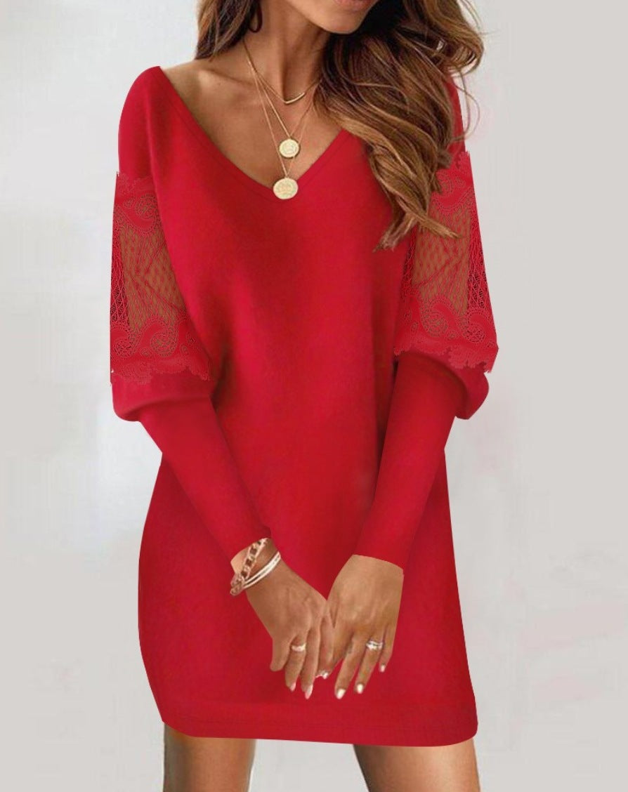Long-Sleeved V-Neck Dress Spring and Autumn Lace Splicing for Women's
