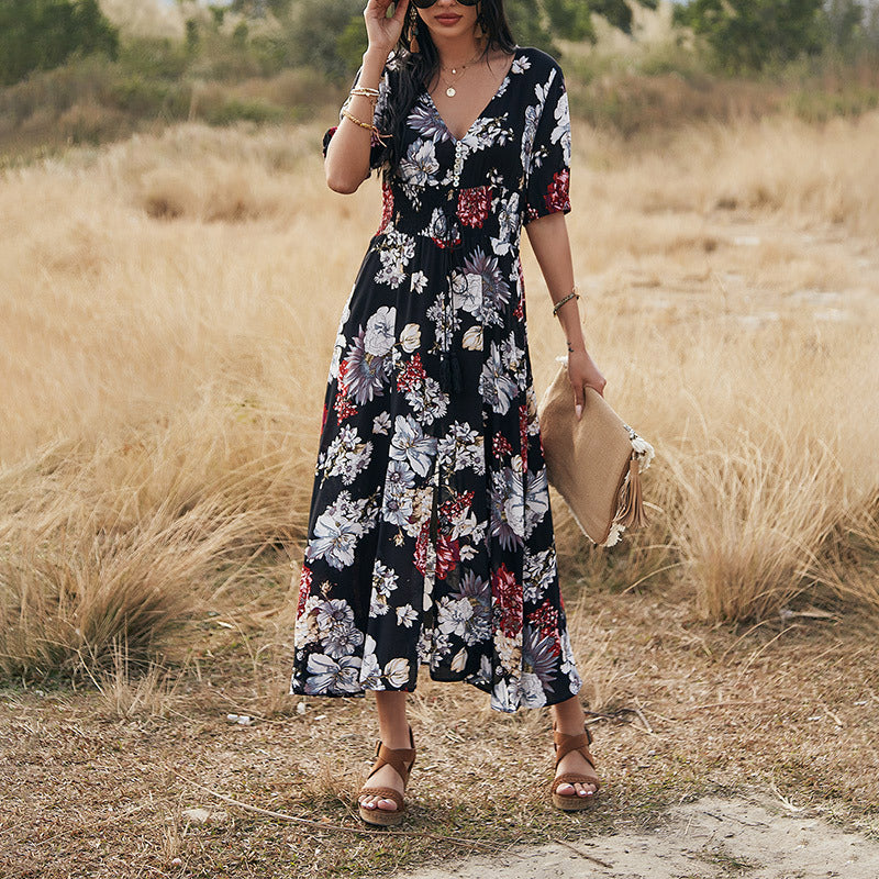 Floral Summer Beach Dress with V-Neck Elastic Waist Dresses for Women