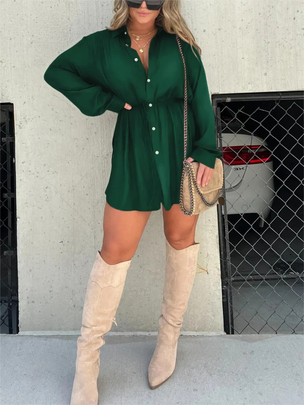 Women's Long Sleeve Jumpsuit with Button Fashion Shirt Dress