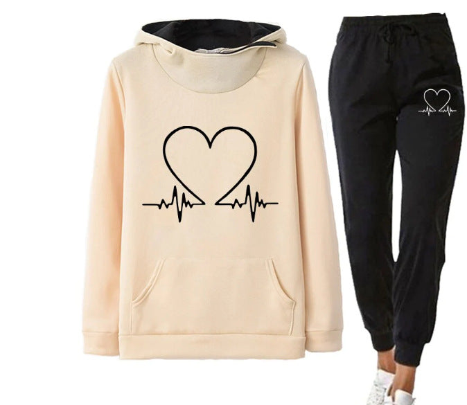 Love Heart Printed Sports Suit Hooded Sweatshirt Top and Drawstring