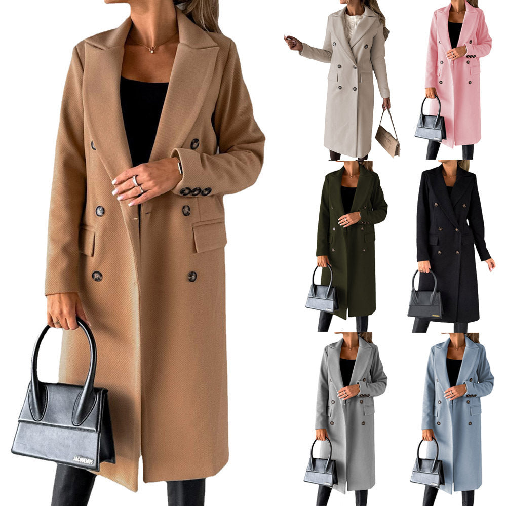 Double Breasted Lapel Coat Winter Fashion Solid Slim Long Jacket
