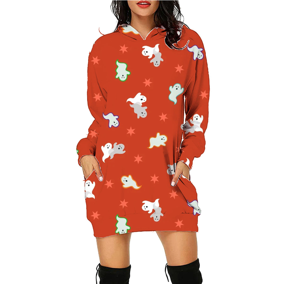 Halloween Print Long Hoodie with Pockets Sweater Sleeve Clothes Women