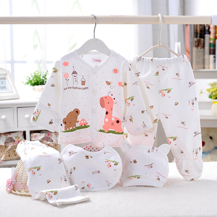 Five-piece newborn baby underwear set with long sleeves and cartoon styling, available in blue, pink, purple and yellow.