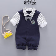 Dark blue gentleman-style cotton baby boy romper, available in height-based sizes from 59 to 90 cm.