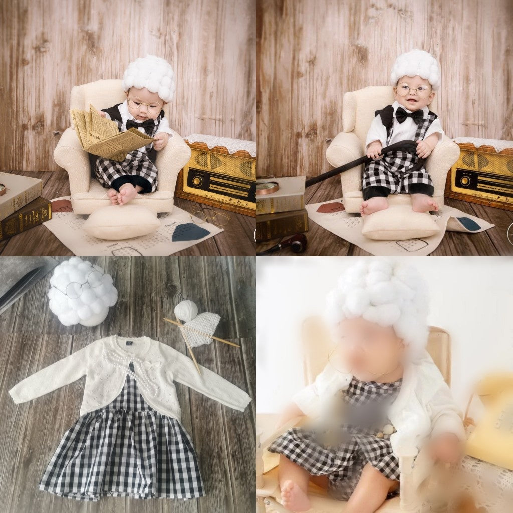 Grandma and grandpa-inspired baby photography costume for 100-day milestone photos and themed studio sessions.