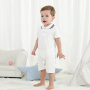 Lightweight 95% cotton baby romper available in grey, white and striped designs and sizes from 59 to 80 cm.