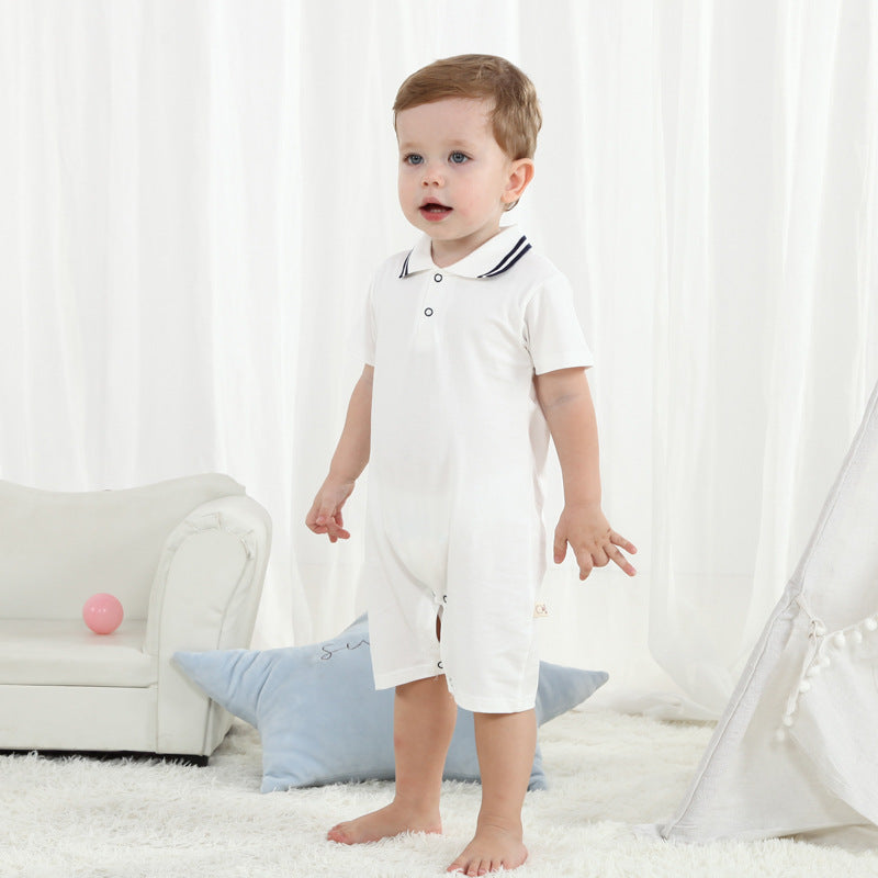 Lightweight 95% cotton baby romper available in grey, white and striped designs and sizes from 59 to 80 cm.