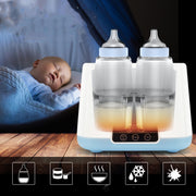 Multifunctional four-bottle baby warmer with timing, warming and thawing functions, available in blue, khaki and pink.