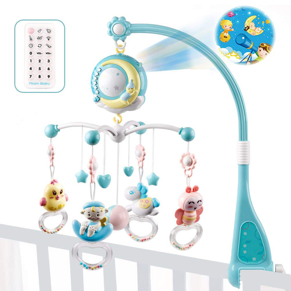 Rotating musical baby crib mobile with hanging toys, light projection, timer settings and blue or pink colour options.
