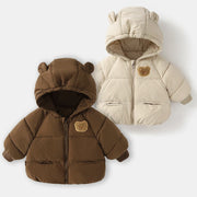 Padded baby and kids winter jacket with a zip fastening, available in apricot and dark brown.