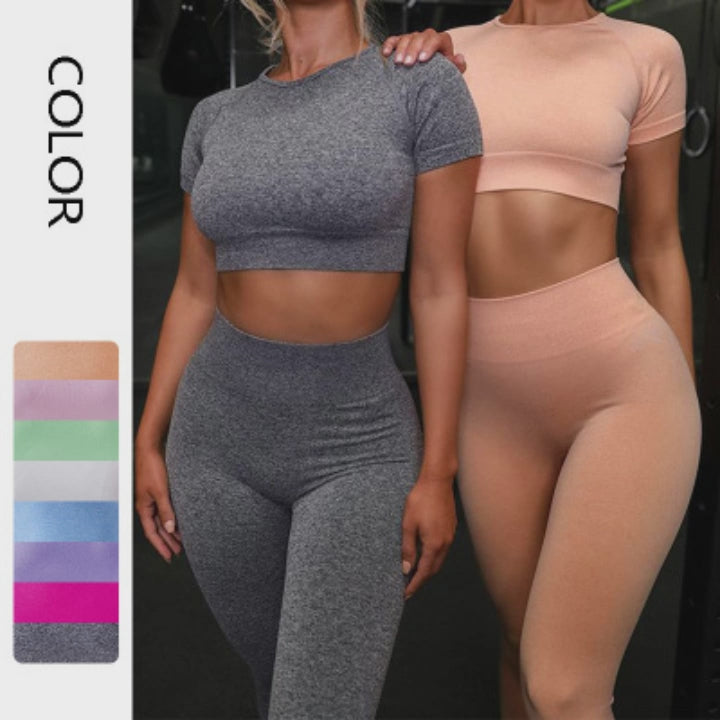 Load video: Seamless Yoga Sport Set Fitness Women Running Leggings Short Sleeve Tops