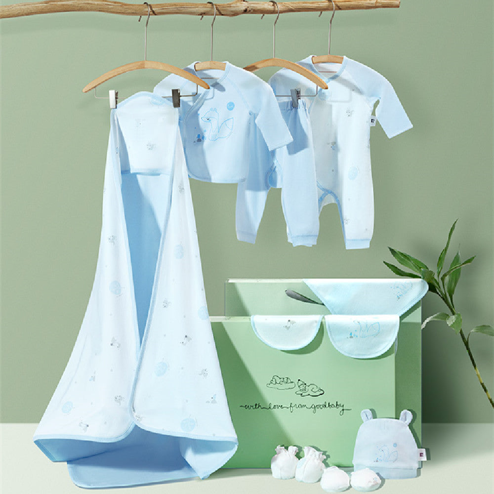 Ten-piece pure cotton newborn baby clothes gift set with clothing and matching accessories in bright yellow or light blue.
