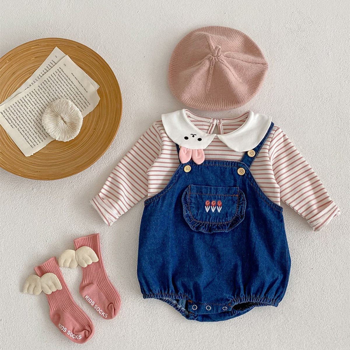 Rabbit-collar baby girl clothing available as a striped cotton-blend top or a 100% cotton denim romper.