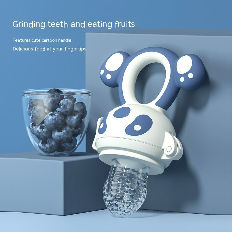 Silicone baby fresh-food feeder and teether with a hand guard, available in Carlo Red and Quiet Blue.