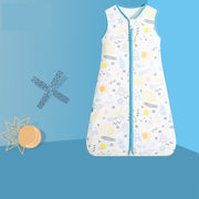 Sleeveless cotton baby sleeping bag with a metal zip, lightweight filling and colourful cartoon designs.