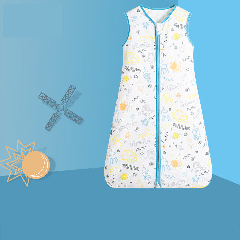 Sleeveless cotton baby sleeping bag with a metal zip, lightweight filling and colourful cartoon designs.