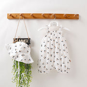 Sleeveless cotton summer romper for baby girls with short legs and a detachable hood, available in four cheerful designs.