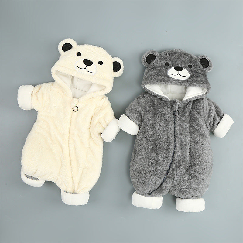Thick cotton bear hooded baby onesie with long sleeves and a front zip, available in beige, brown and grey.