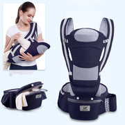 Three-in-one baby carrier with a detachable hip seat, adjustable waist belt, storage compartment and multiple carrying positions.