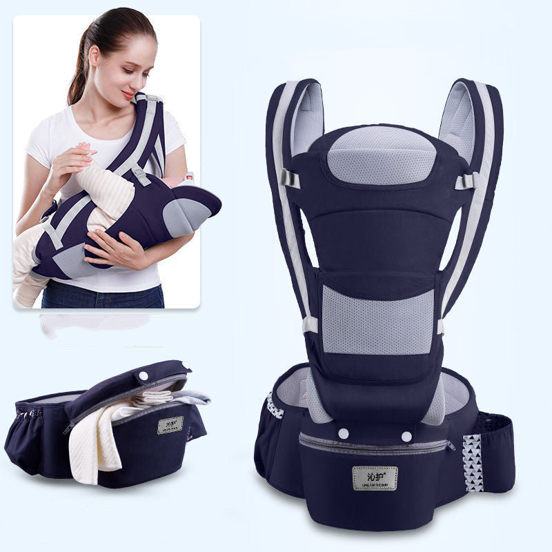 Three-in-one baby carrier with a detachable hip seat, adjustable waist belt, storage compartment and multiple carrying positions.