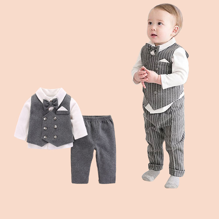 Three-piece cotton gentleman baby outfit with a long-sleeve shirt, matching vest and trousers in grey or navy blue.