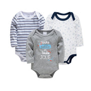Three-piece 100% cotton newborn clothing set with long sleeves and concealed-button fastening, available in 12 designs.