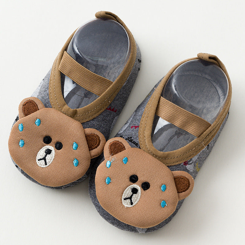 Ultra-thin cartoon baby floor socks in six animal designs, available in sole lengths from 12.5 to 17.5 cm.