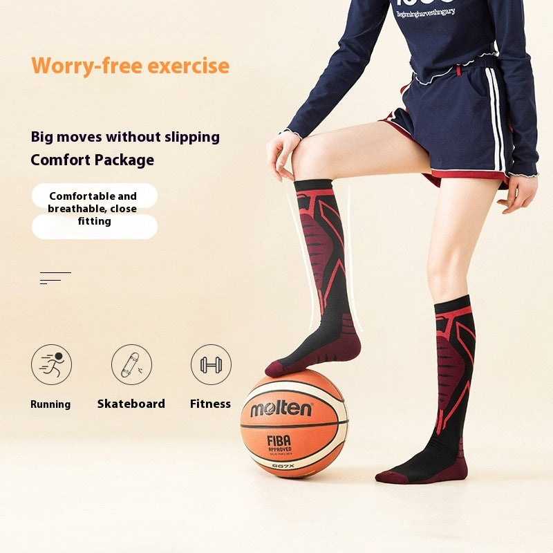 Unisex high-calf nylon running and fitness compression socks with an anti-friction colour-block athletic design