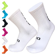 Unisex outdoor cycling sports socks made from flexible nylon, spandex and elastic fibres in black, blue, lemon green, orange, pink and white