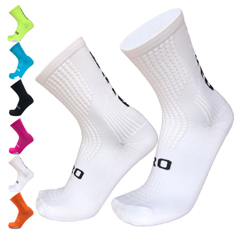 Unisex outdoor cycling sports socks made from flexible nylon, spandex and elastic fibres in black, blue, lemon green, orange, pink and white