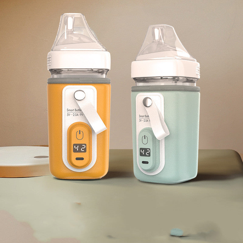 USB portable baby bottle warmer with an adjustable faux-leather cover, heating film and supplied charging cable.