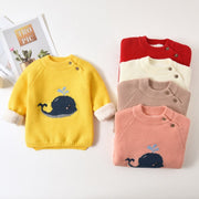 Warm cotton knit pullover for babies and children with long sleeves and a round neck, available in five colours.