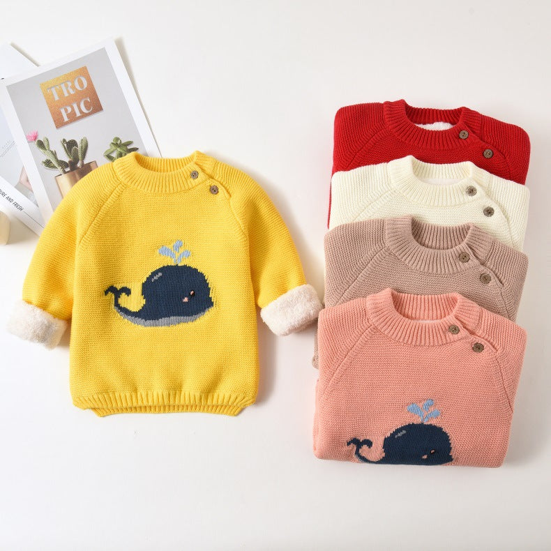 Warm cotton knit pullover for babies and children with long sleeves and a round neck, available in five colours.