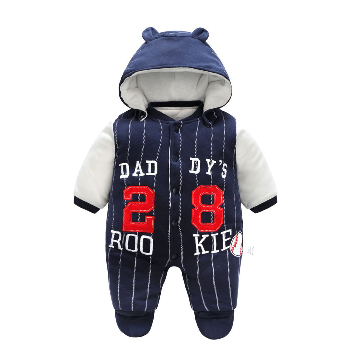 Warm cotton baby onesie for winter, available in multiple styles and sizes from 3 to 12 months.