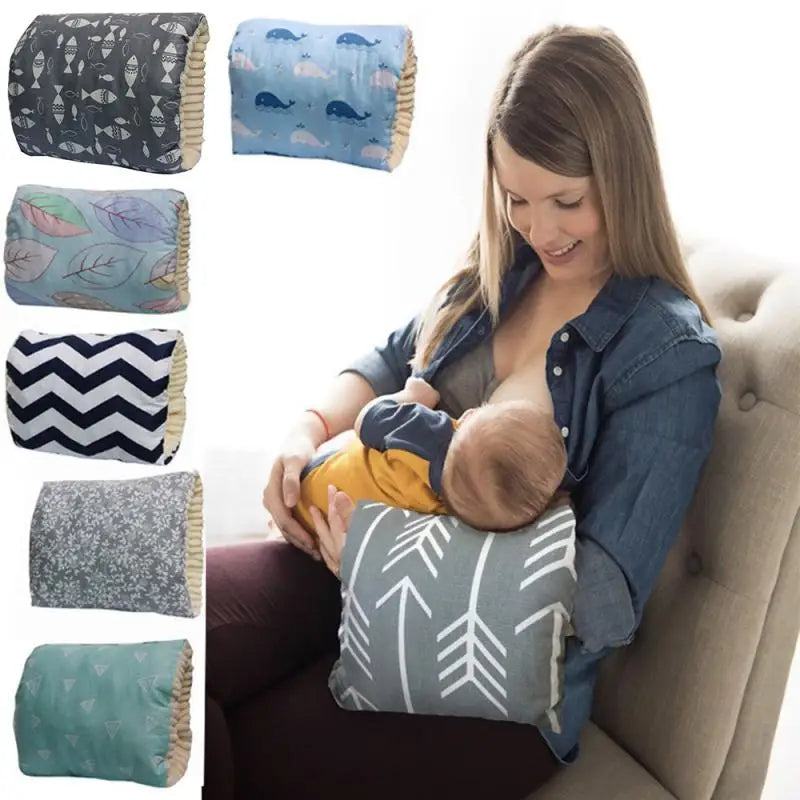 Washable baby nursing arm pillow measuring 25 × 23 cm, available in multiple colourful printed designs.