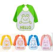 Water-resistant EVA baby feeding smock with extended clothing coverage, available in five bright colours and two sizes.