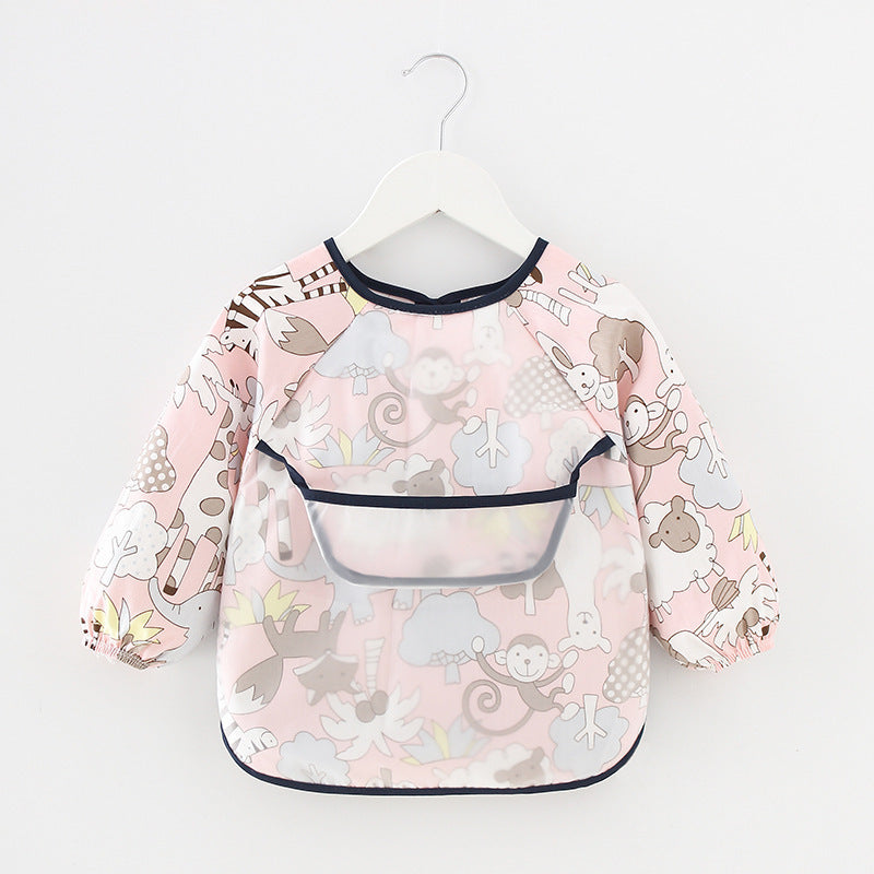 Waterproof cotton baby feeding smock with colourful printed designs, available with a comfort cloth or practical pockets.
