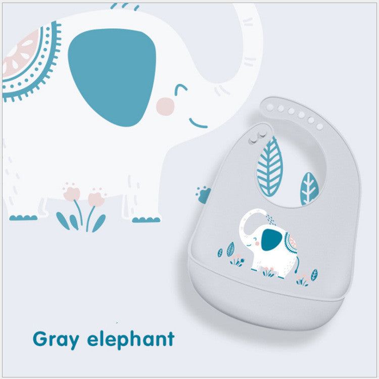 Waterproof food-grade silicone baby feeding bib available in plain colours and playful animal-inspired designs.