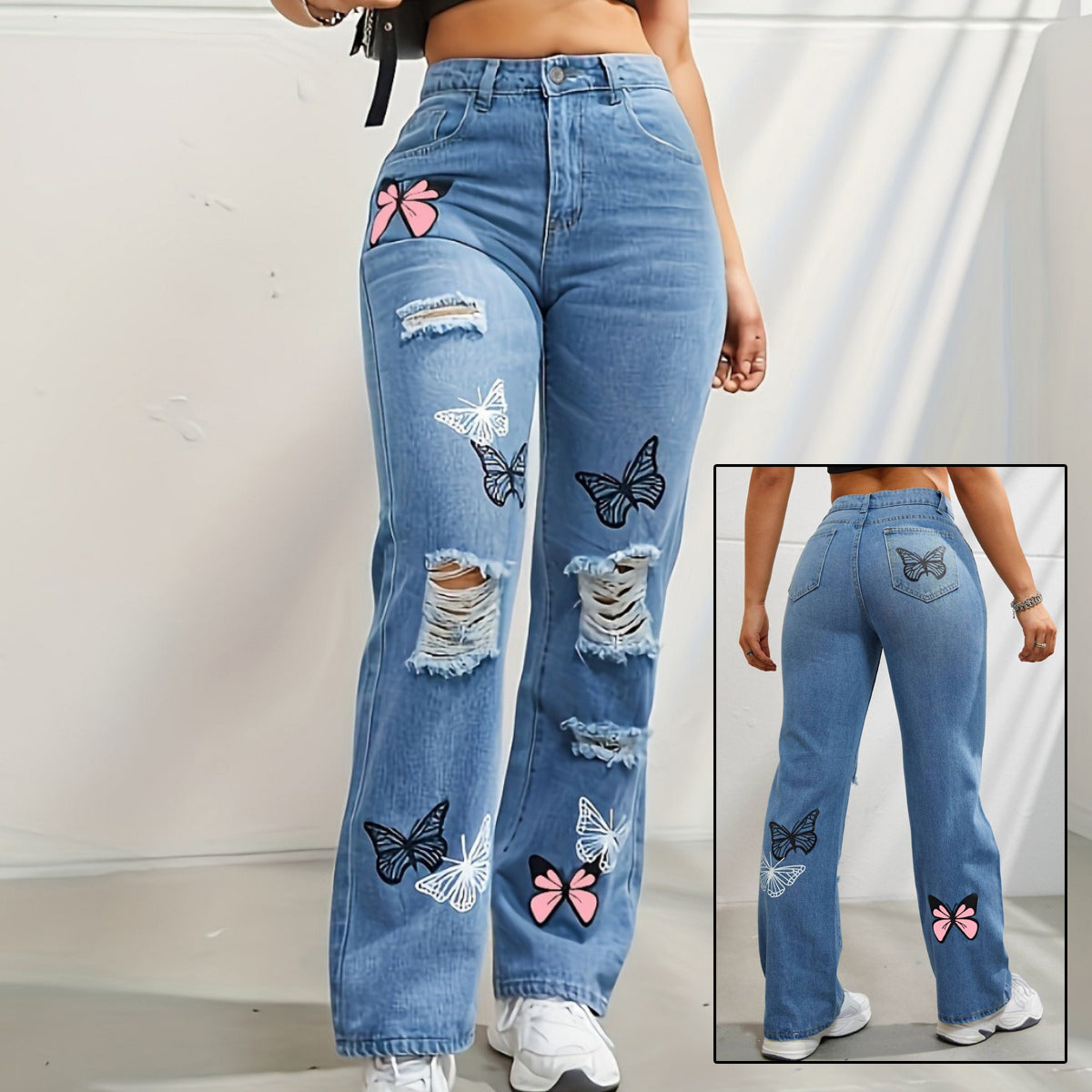 Women’s blue high-waisted straight-leg jeans with butterfly-print details, ripped distressing, five pockets and a button closure