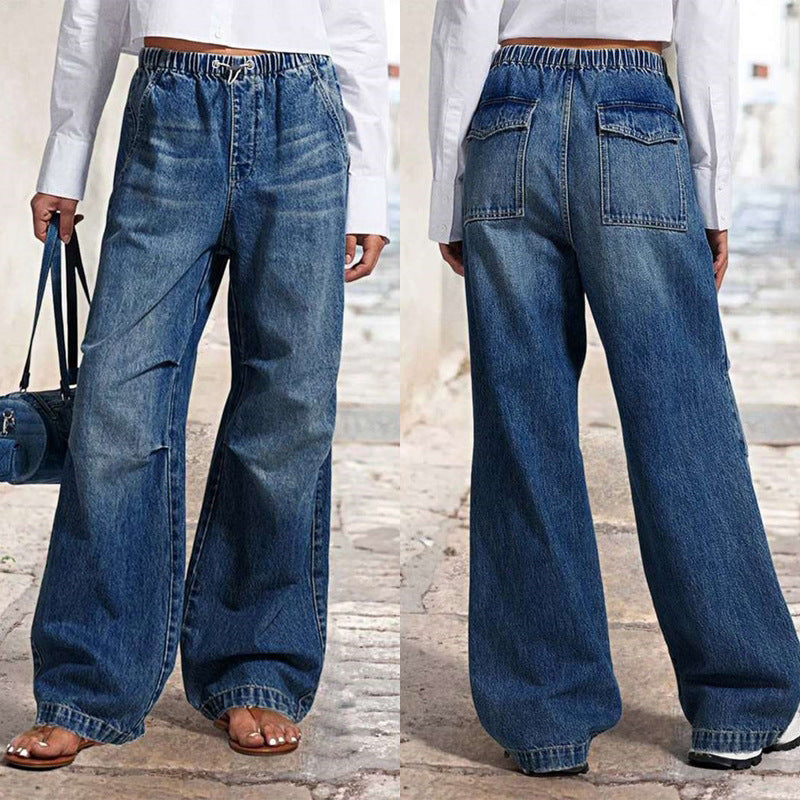 Women’s dark blue loose-fit cotton jeans with a mid-rise waist, full-length legs and structured inelastic denim fabric