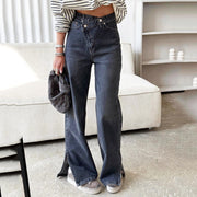 Women’s high-waist blue cotton jeans with a full-length silhouette, solid-colour design and slightly elastic fabric