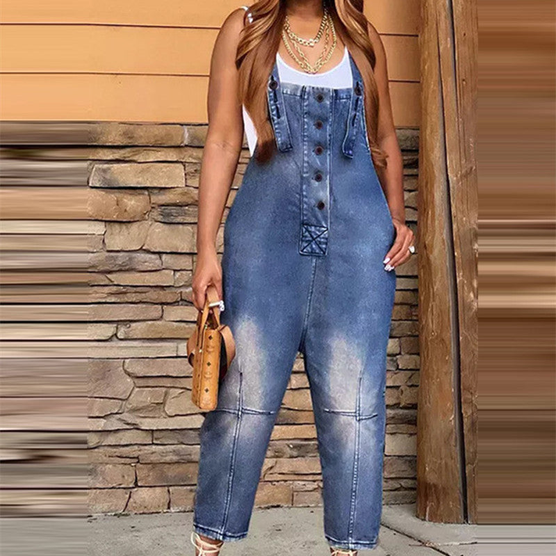 Women’s high-waisted cropped denim overalls with a loose fit, button details and stitched panel construction in black and blue washes