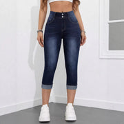 Women’s blue high-waisted cropped jeans with washed denim cotton, moderate stretch and a tapered pencil-leg silhouette
