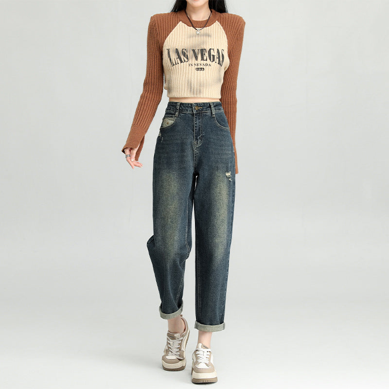 Women’s retro-blue high-waisted harem jeans with washed cotton denim, distressed holes and a relaxed fit