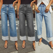 Women’s high-waisted distressed straight-leg jeans made from medium-stretch cotton denim in dark blue, grey and light blue
