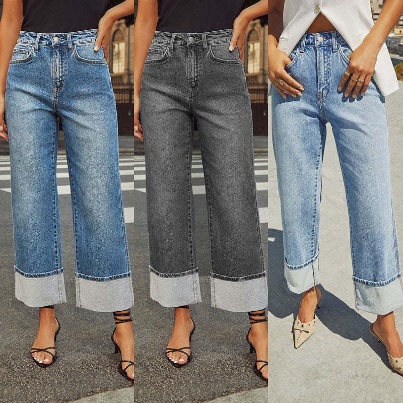 Women’s high-waisted distressed straight-leg jeans made from medium-stretch cotton denim in dark blue, grey and light blue