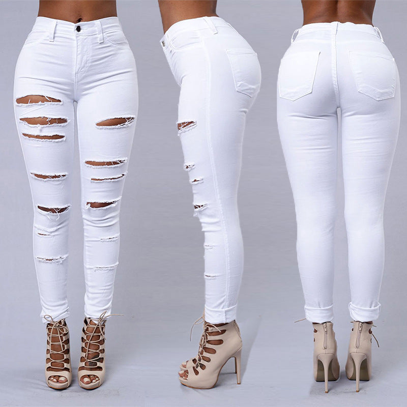 Women’s high-waisted skinny pencil jeans in black and white with a fitted solid-colour cotton design